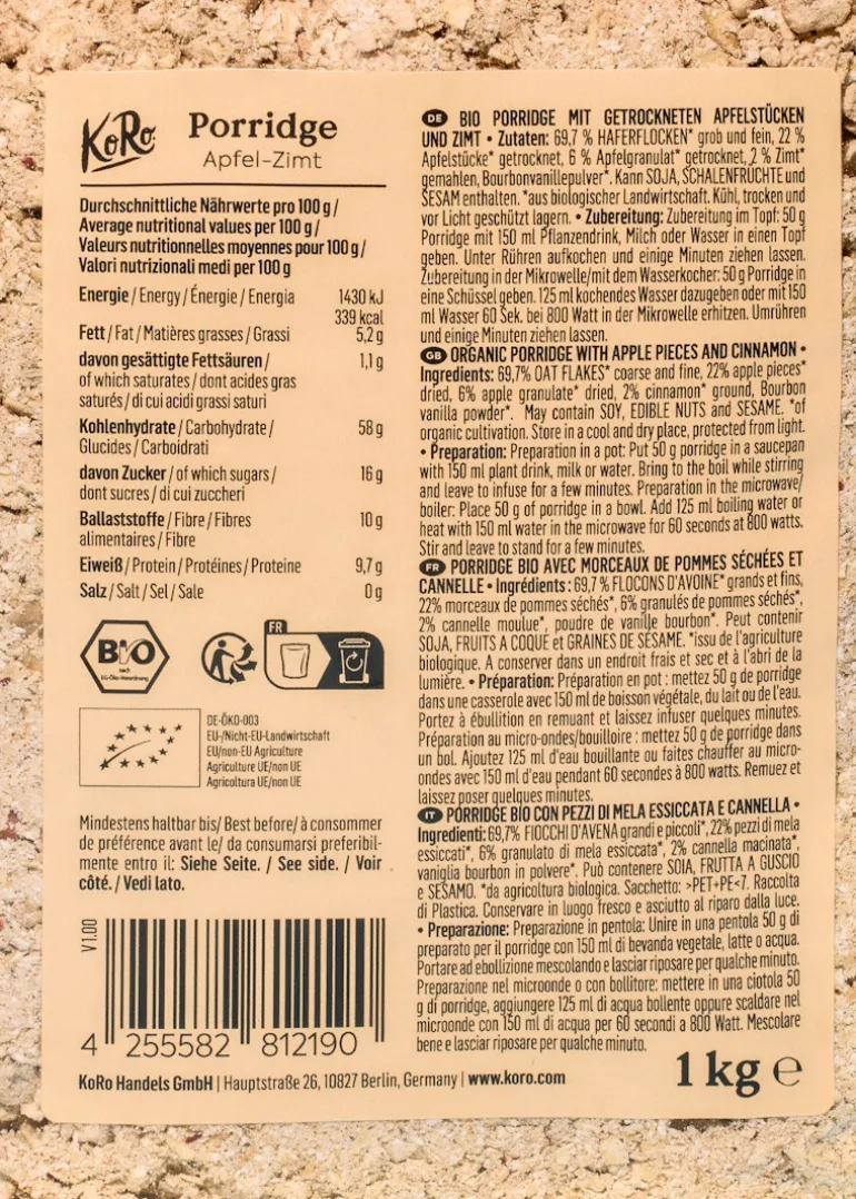 Bio Apfel-Zimt Porridge 1 kg