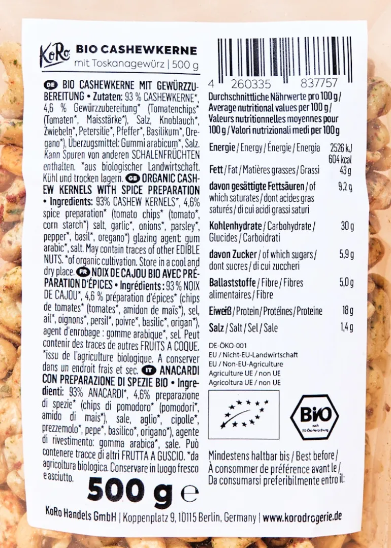 Bio Cashewkerne mit Toskanagewürz 500 g