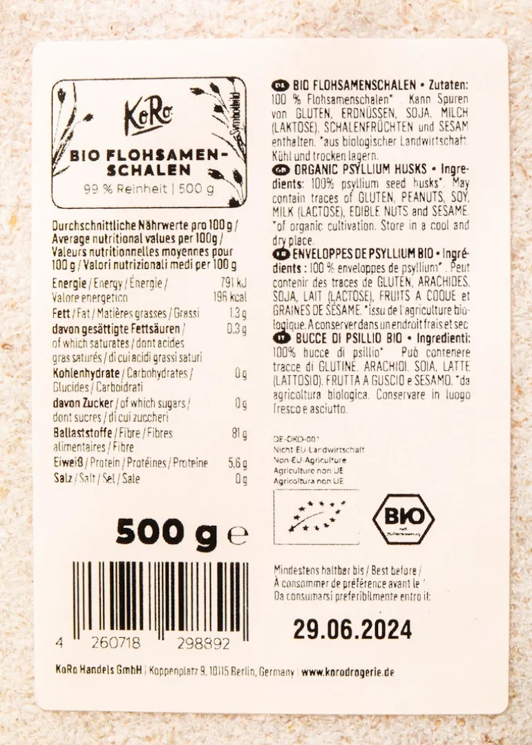 Bio Flohsamenschalen 99 % Reinheit 500 g