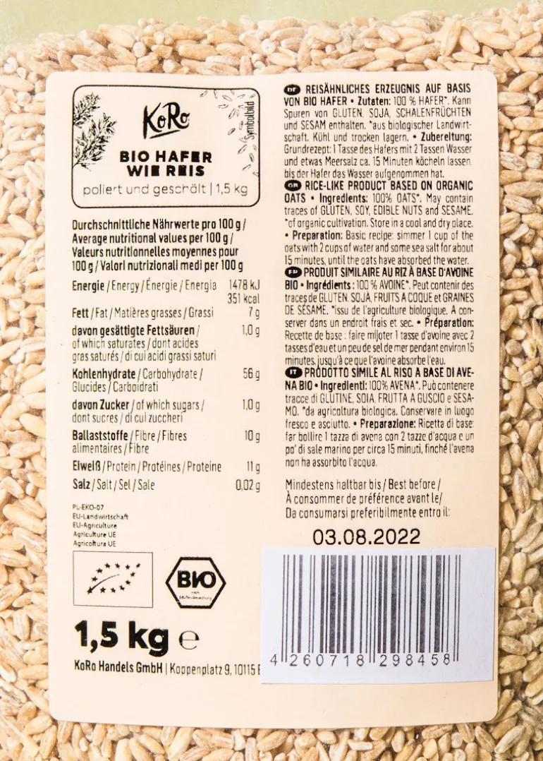 Bio Hafer wie Reis 1,5 kg