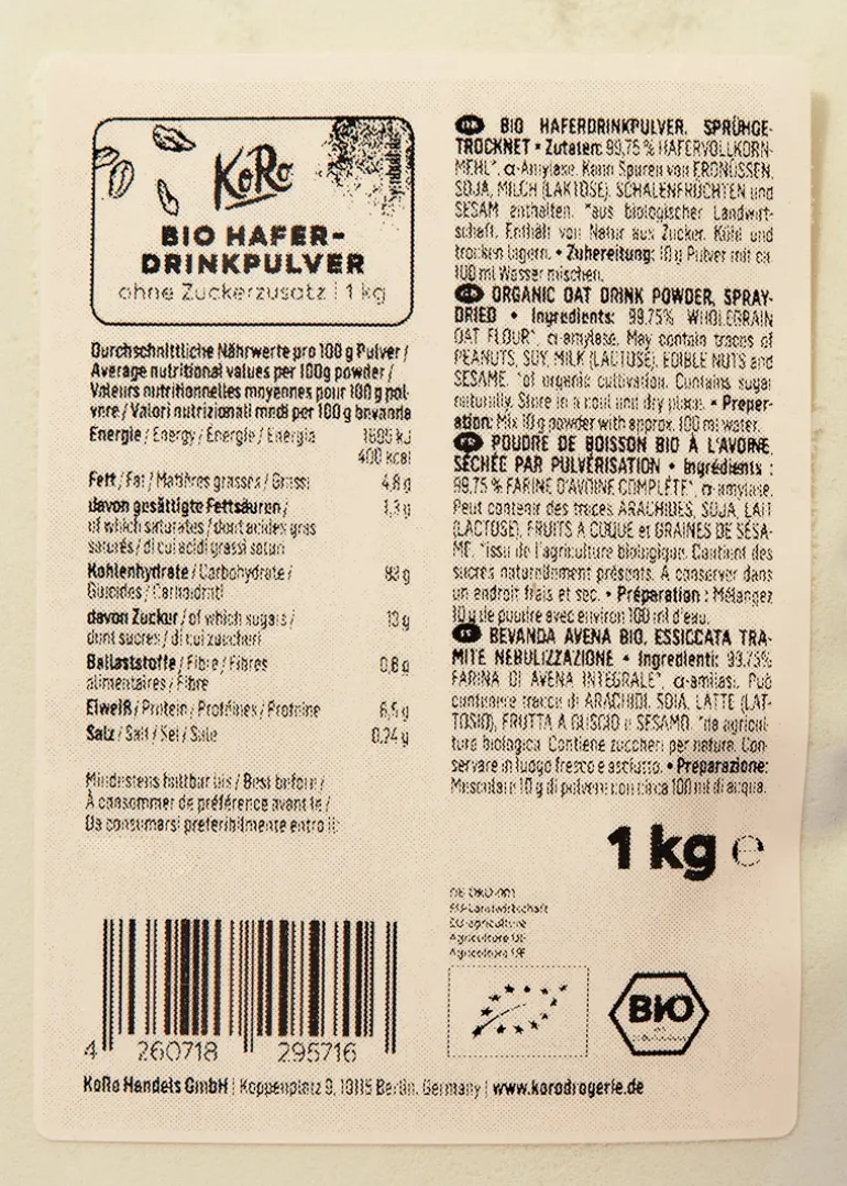 Bio Haferpulver für Haferdrink 1 kg