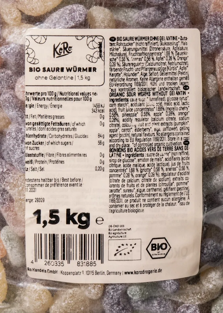 Bio Saure Würmer ohne Gelatine 1,5 kg