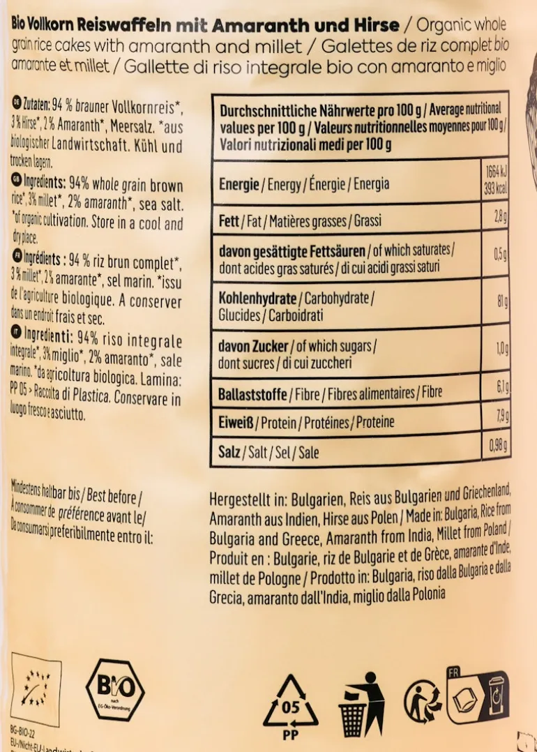 Bio Vollkornreiswaffeln mit Amaranth und Hirse 120 g