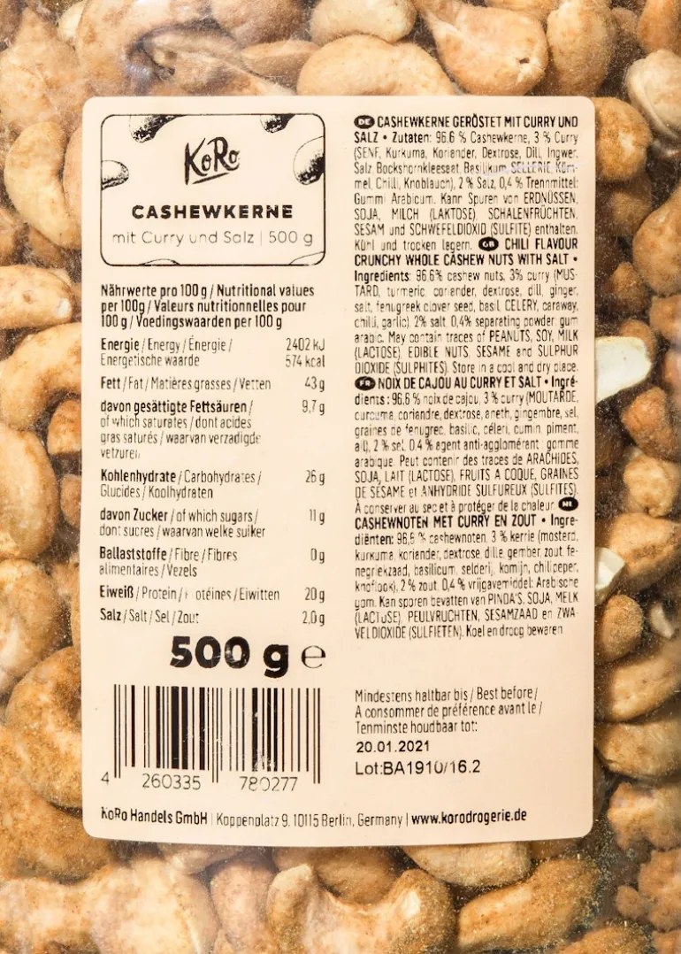 Cashewkerne mit Curry ohne Geschmacksverstärker 500 g