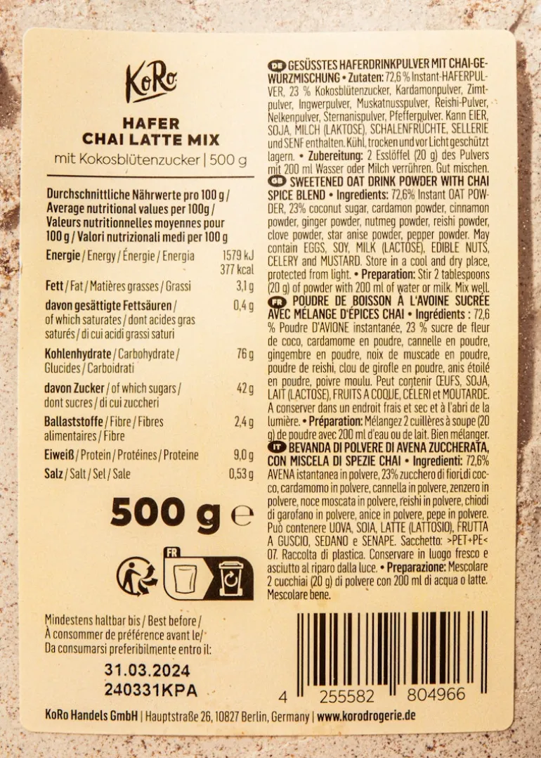 Chai Latte Mix auf Haferdrinkbasis 500 g