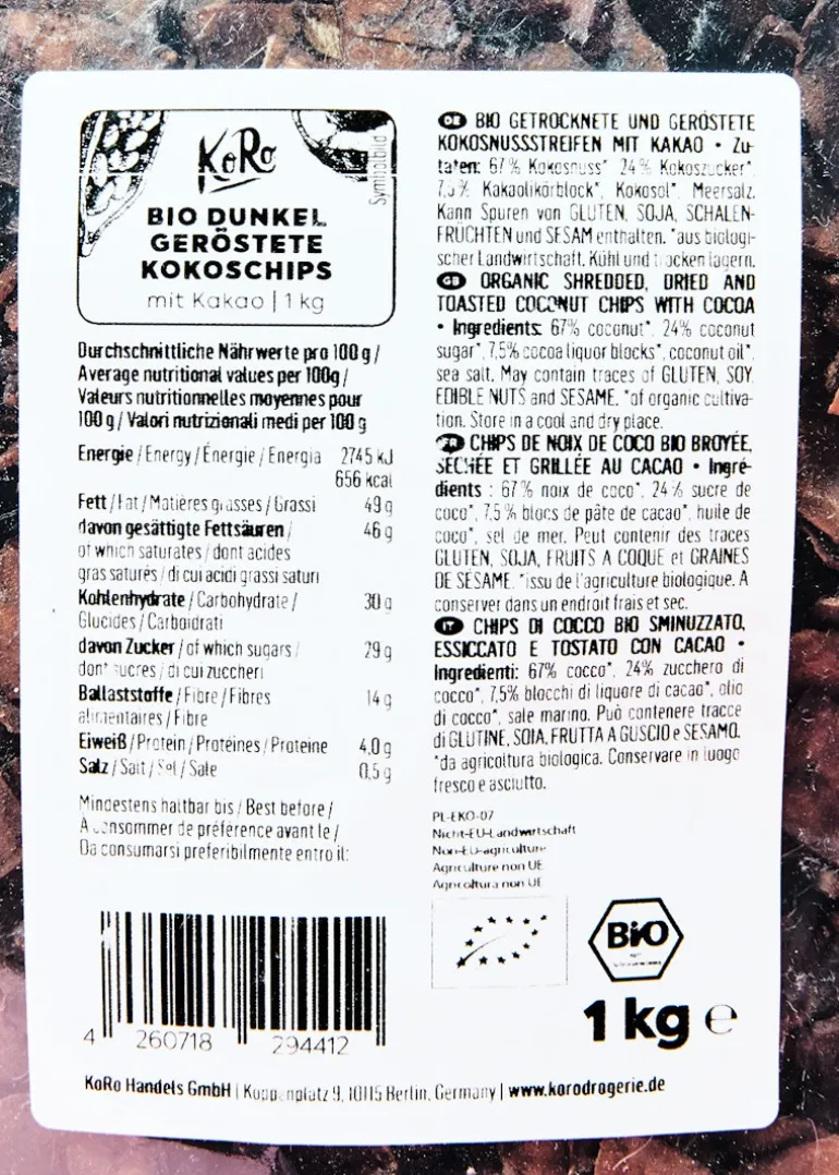 Dunkel geröstete Bio Kokoschips mit Kakao 1 kg