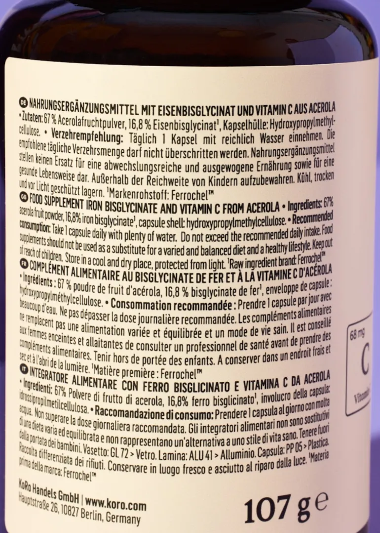 Eisenbisglycinat + Vitamin C aus Acerola Kapseln 180 Stück