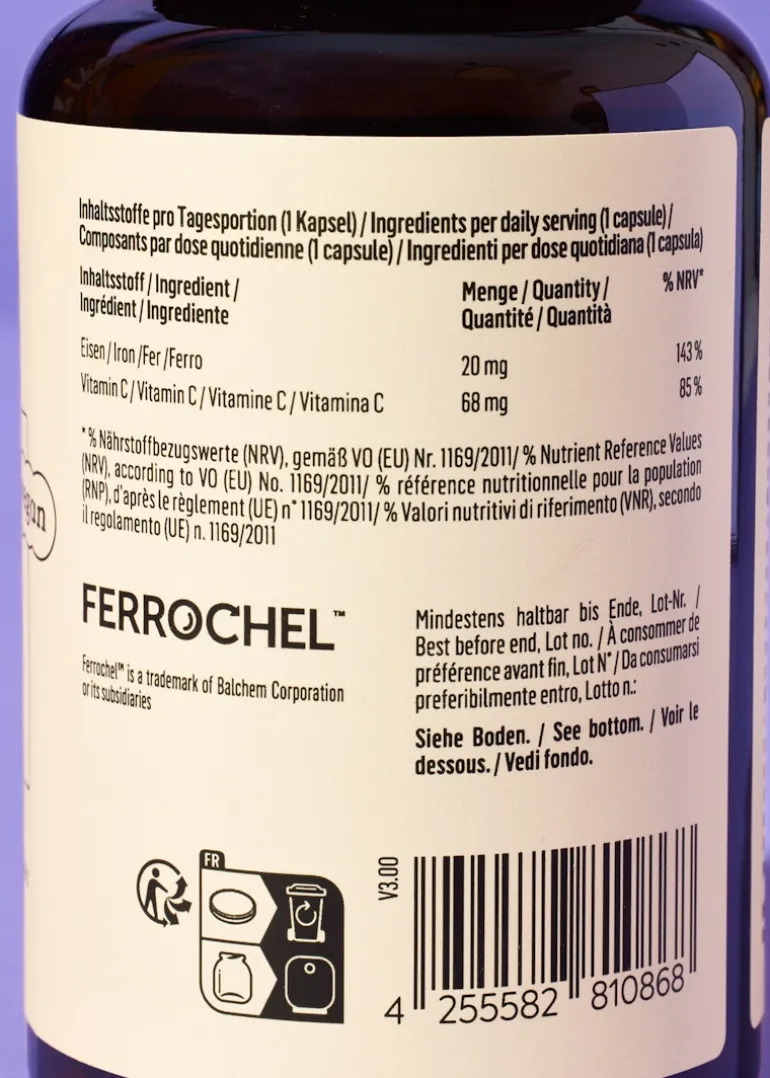 Eisenbisglycinat + Vitamin C aus Acerola Kapseln 180 Stück