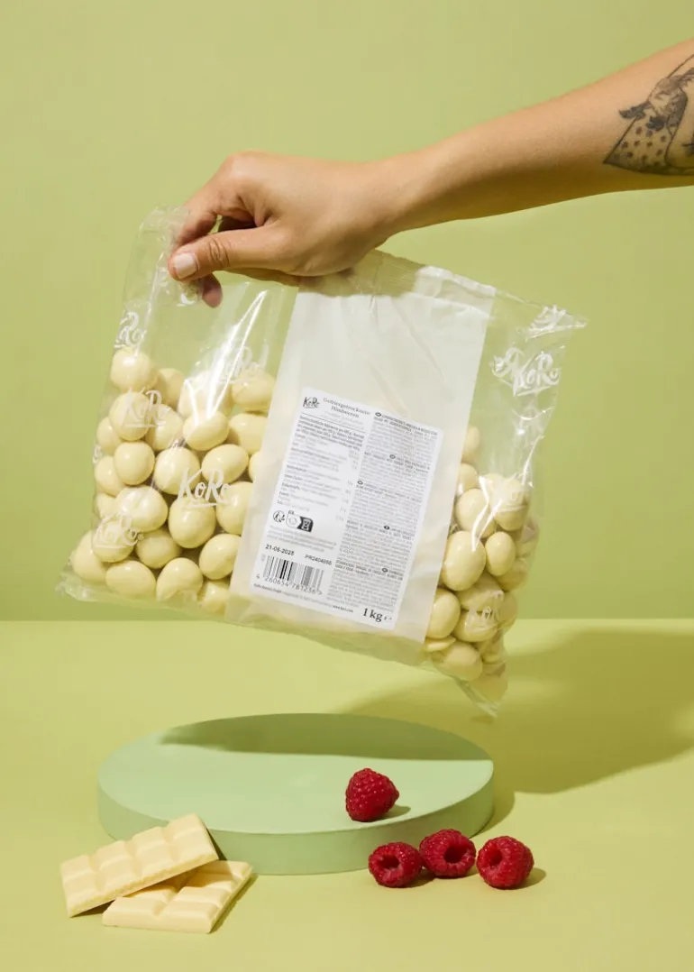 Gefriergetrocknete Himbeeren in weißer Schokolade 1 kg