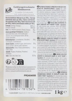 Gefriergetrocknete Himbeeren in weißer Schokolade 1 kg