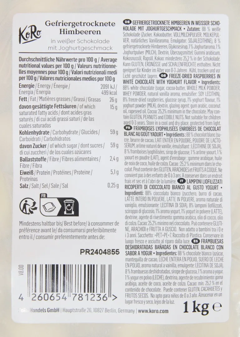 Gefriergetrocknete Himbeeren in weißer Schokolade 1 kg