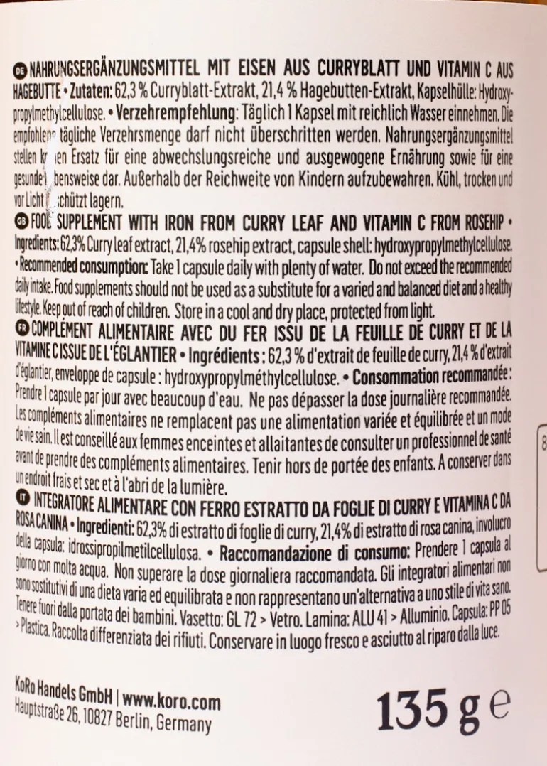 Natürliches Eisen + Vitamin C aus Curryblatt und Hagebutte Kapseln 180 Stück