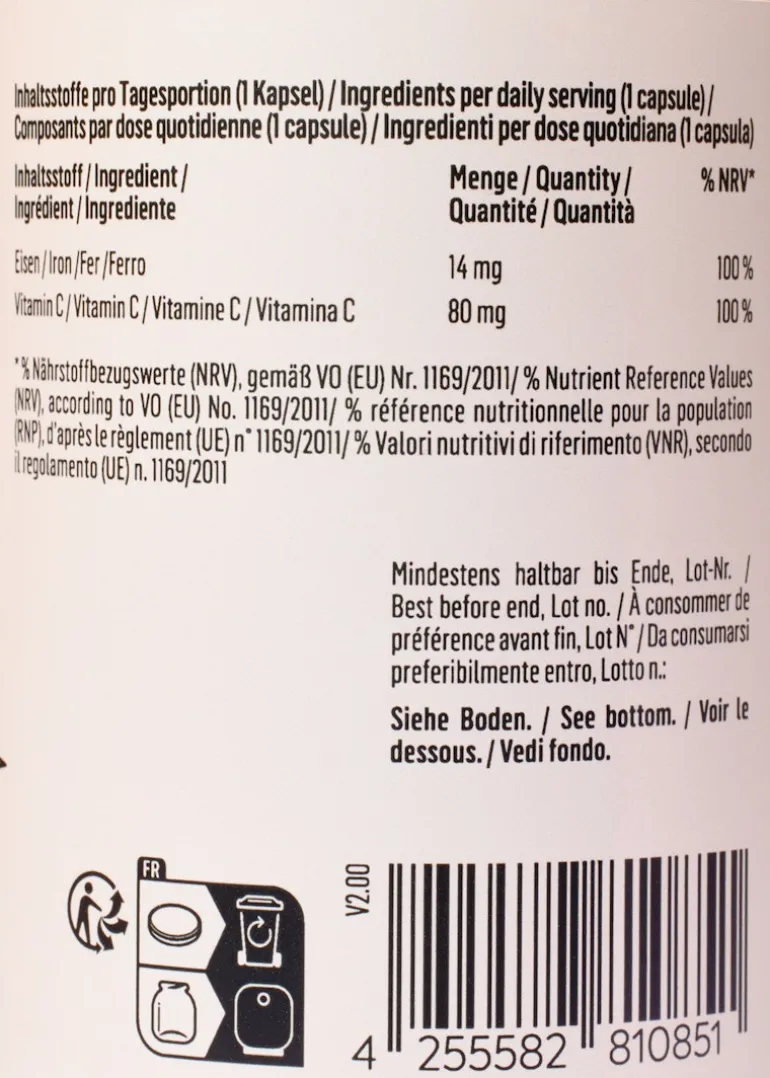 Natürliches Eisen + Vitamin C aus Curryblatt und Hagebutte Kapseln 180 Stück