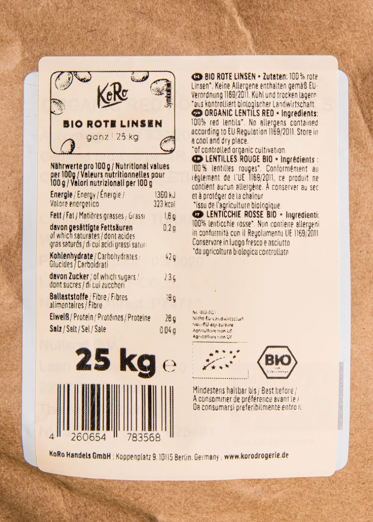 Rote Bio Linsen 25 kg