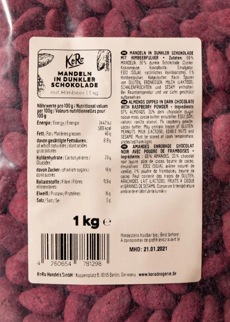 Skinny Dipped Mandeln in dunkler Schokolade mit Himbeerpulver 1 kg