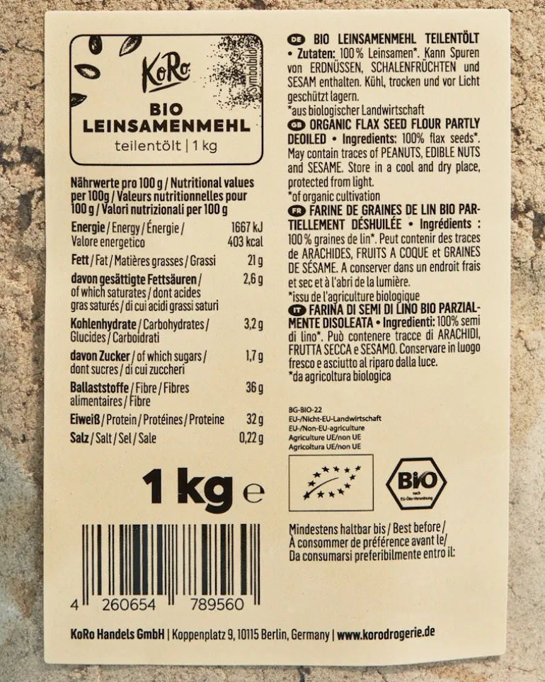 Teilentöltes Bio Leinsamenmehl 1 kg