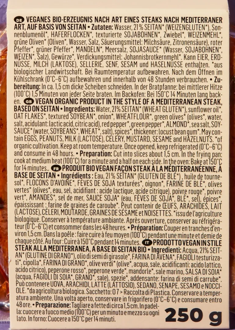 Veganes Bio Seitan Steak Mediterrane Art 250 g
